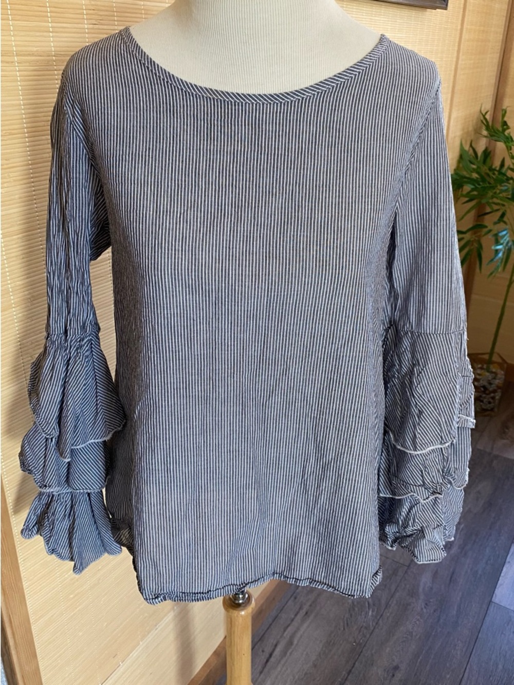 Striped Ruffle Sleeve Blouse in Blue and White